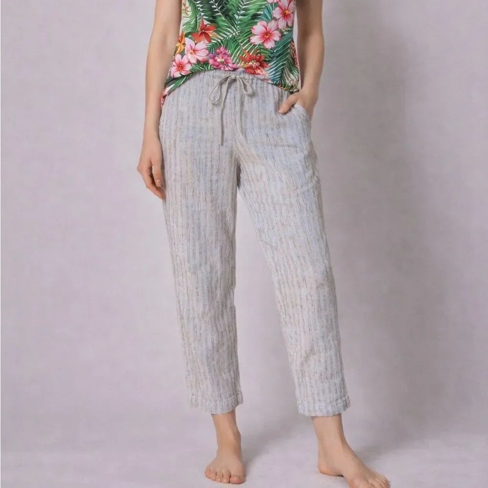 Novi Linen Knubby Slim Pants M/L Cream Striped Drawstring Beach Resort Bali Boho